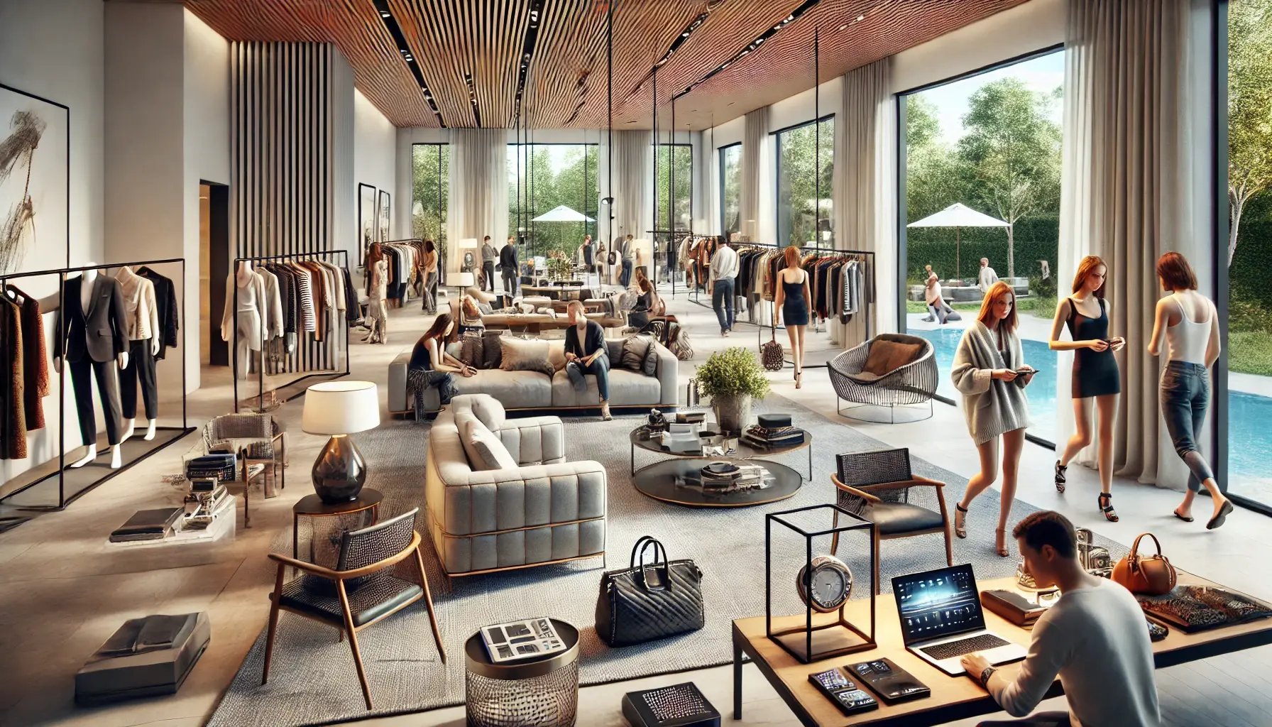 DALL·E 2025-03-05 10.56.09 - A detailed digital painting of a modern estate sale in a contemporary home. The scene captures a spacious open-concept living room filled with sleek f