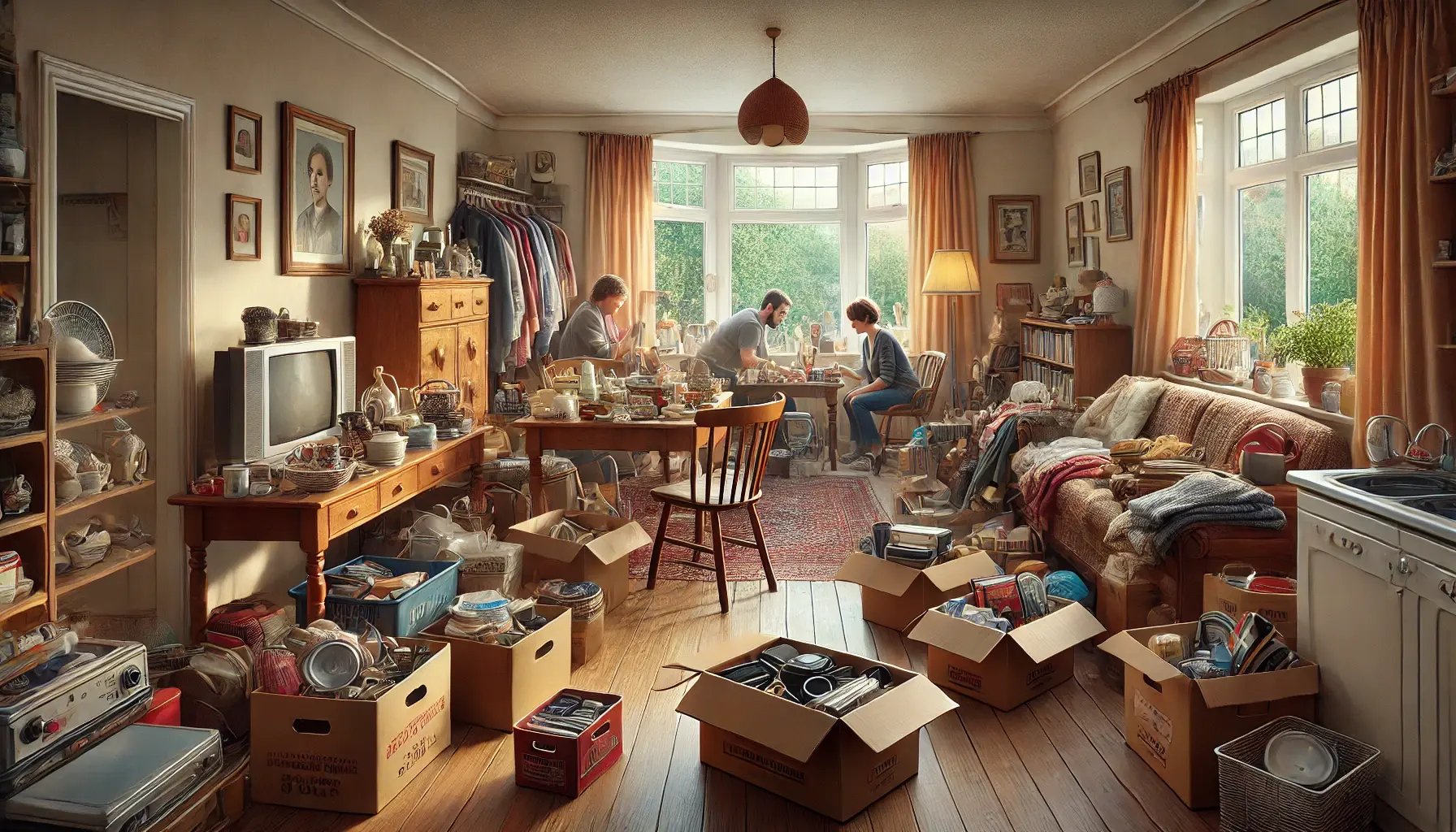 DALL·E 2025-03-05 10.57.09 - A detailed digital painting of an estate sale in a normal, everyday home. The scene captures a cozy living room filled with second-hand furniture, hou